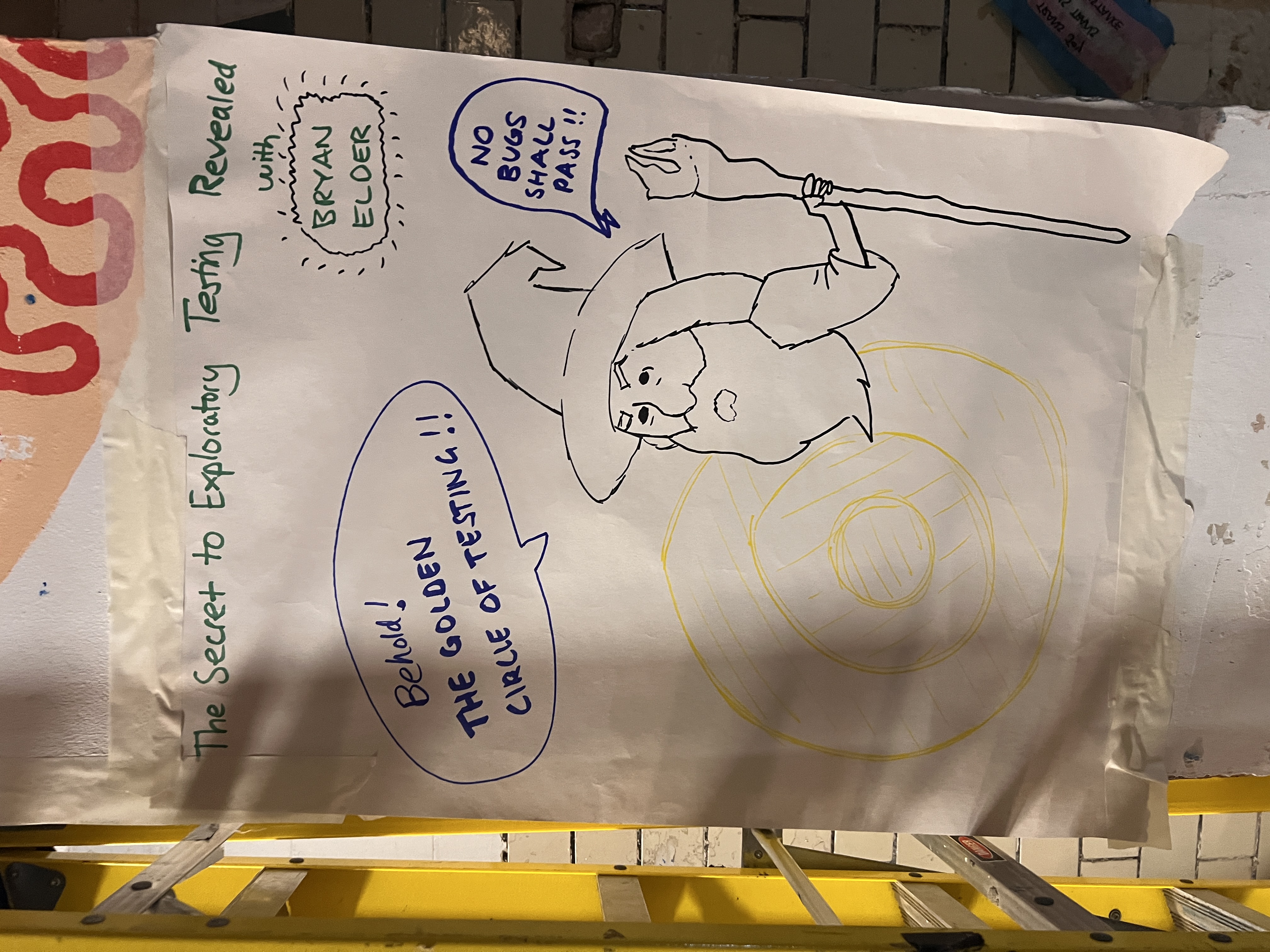 Hand-drawn poster titled "The Secret to Exploratory Testing Revealed with BRYAN ELDER". It features a drawing of a wi... image