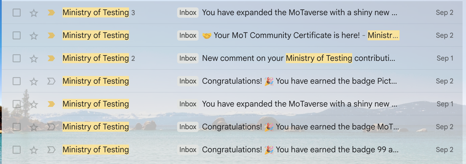 A screenshot of an email inbox with multiple messages from "Ministry of Testing." The emails have subject lines like "Congratulations! 🎉 You have earned the badge..." and "Your MoT Community Certificate is here!"