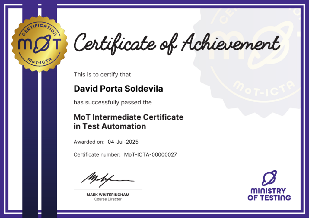 MoT Intermediate Certificate in Test Automation certificate awarded to David Porta Soldevila image