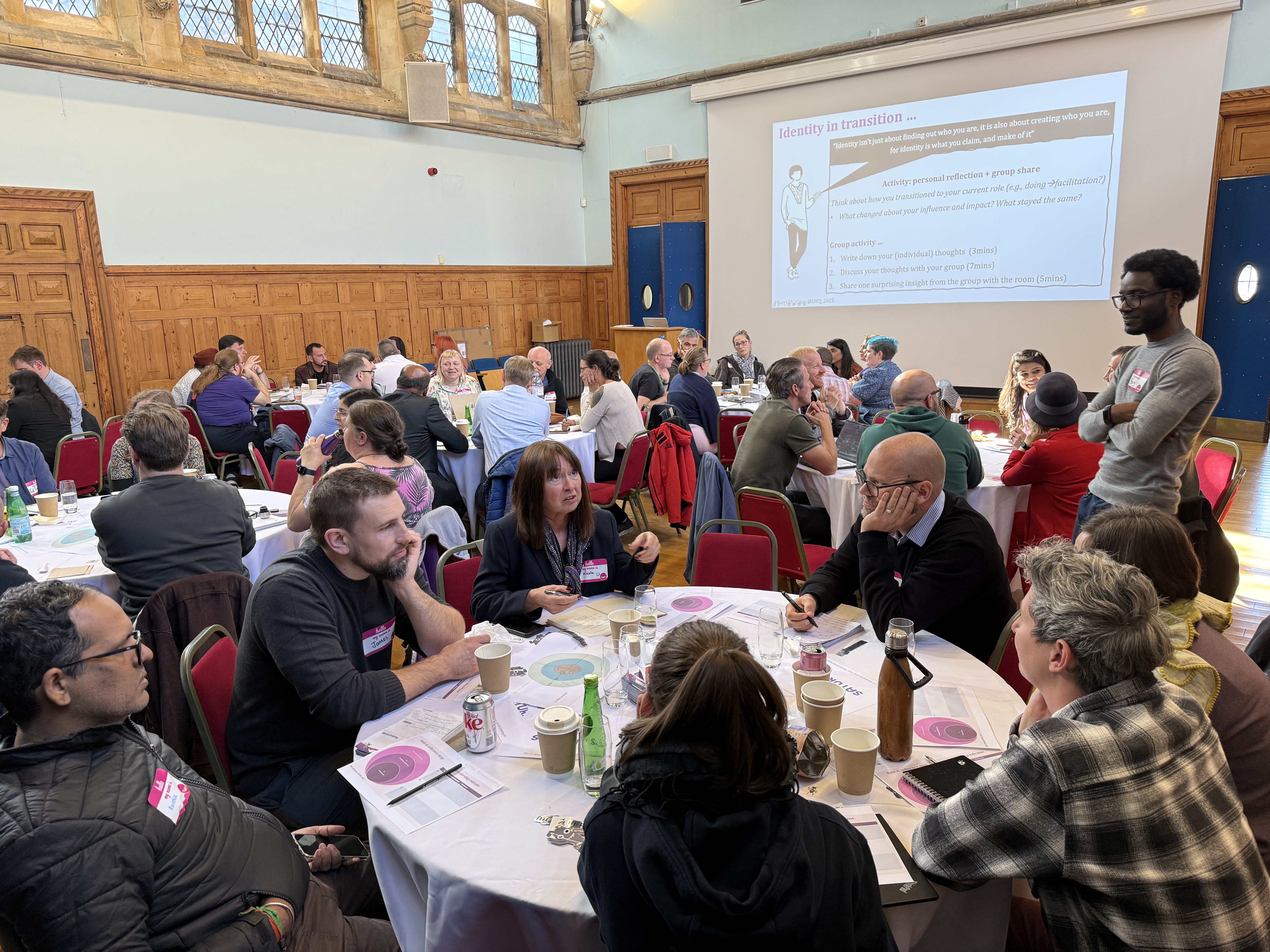 A diverse group of adults is seated at round tables in a large, bright room with wood-paneled walls and tall, leaded-glass windows, engaging in a discussion or workshop. On a projector screen at the front, a slide titled "Identity in transition" is visible, showing bullet points about "Self-reflection" and "Generating new ideas". In the foreground, one table is the focus, where several people are looking at each other and talking, with coffee cups, bottles, and papers scattered across the white tablecloth. A man in a light grey shirt stands to the right of this table, speaking or listening intently to the group. The atmosphere appears to be one of collaborative learning and networking.