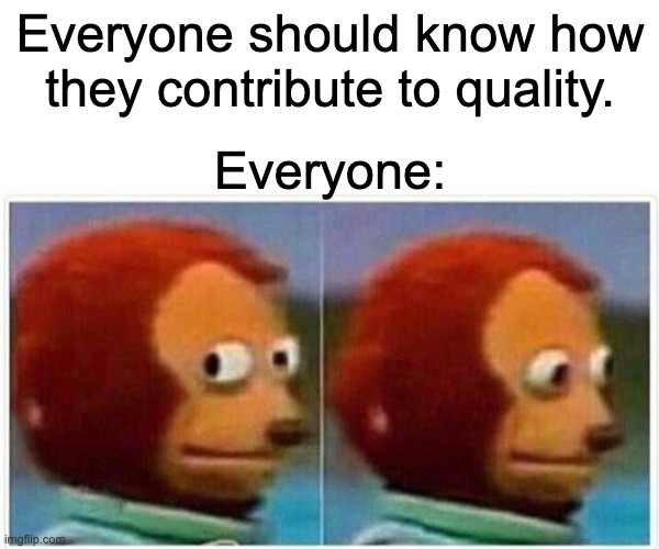 The Monkey Puppet meme. The puppet on the left is looking to the side. The puppet on the right is looking straight ahead. Text: Everyone should know how they contribute to quality. Everyone: