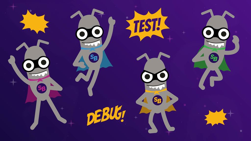 A team of four grey bug-like cartoon characters with large white eyes and buck teeth, each wearing a different colored cape with a yellow 'SB' logo on the chest. They strike superhero poses against a purple, star-filled background with yellow comic book-style word bubbles that read 'TEST!' and 'DEBUG!'.