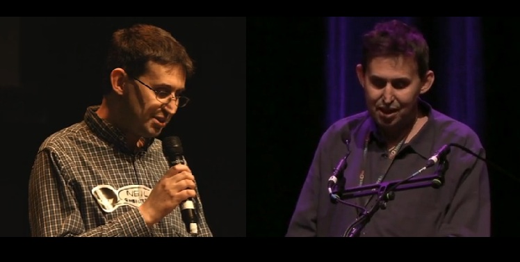 There are two photographs of the same person speaking.  On the left a white male with short brown hair and glasses is wearing a grey check shirt with a name sticker.   He is speaking into a hand held microphone.  On the right is a white male with short brown hair wearing a dark blue shirt with a lanyard around his neck.   He is speaking into a fixed microphone.
 