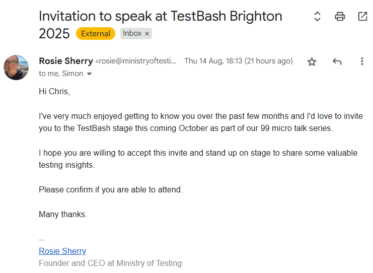 Email from Rosie Sherry to Chris Pratt inviting him to speak at TestBash Brighton in October 2025.