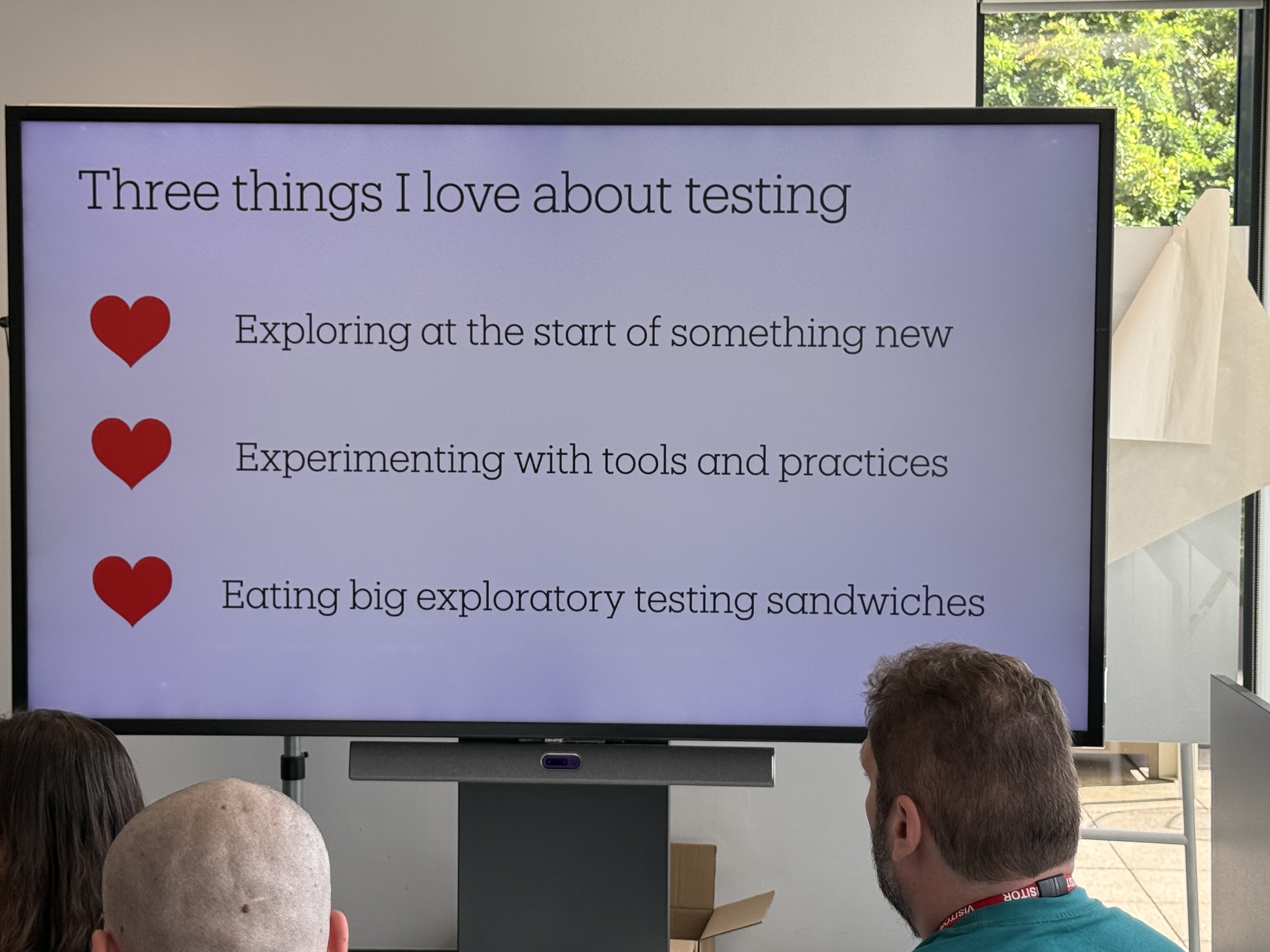 Slide with three things Ash loves about testing. 1. Exploring at the start of something new. 2. Experimenting with to... image