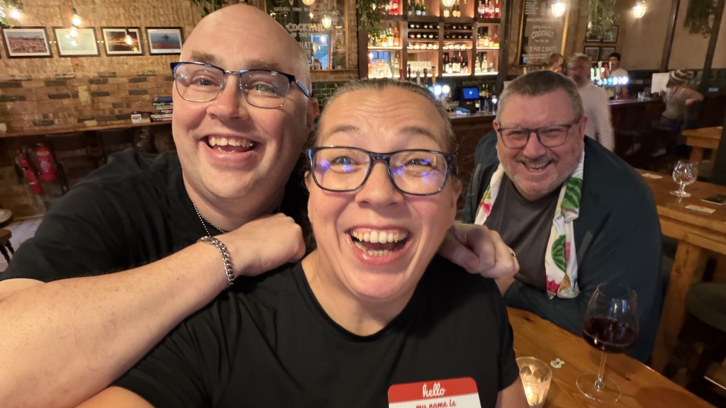 Gary, Rosie and Ady selfie in a pub. All looking happy. image
