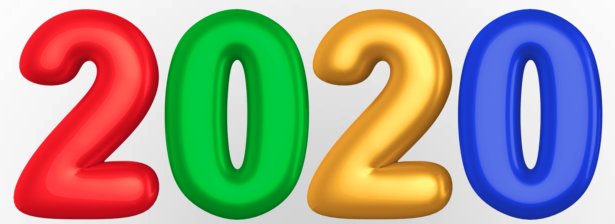 2020 as balloons coloured left to right, red, green, gold, and blue  image