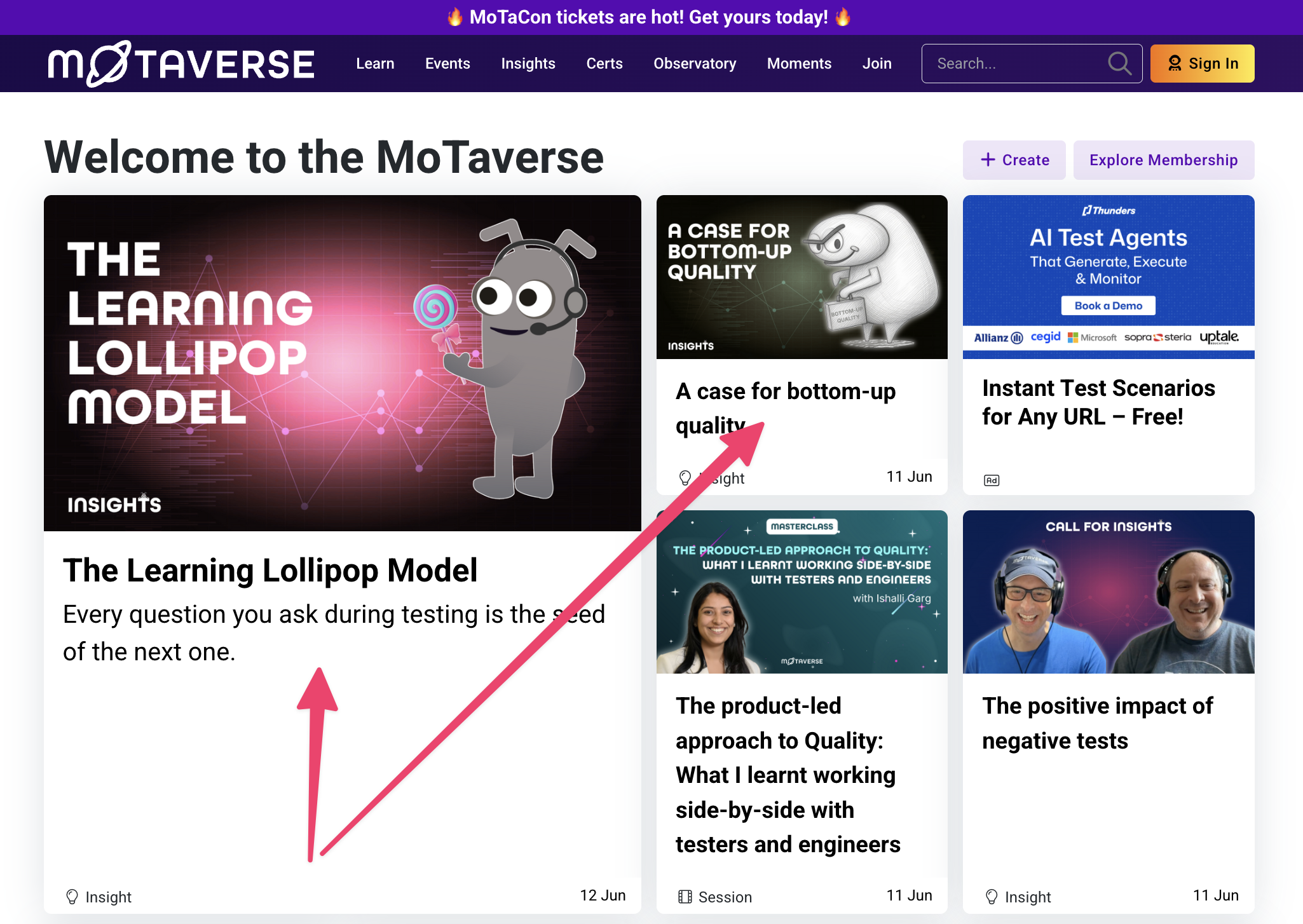 Screenshot of the homepage with Insights highlighted with an arrow. image