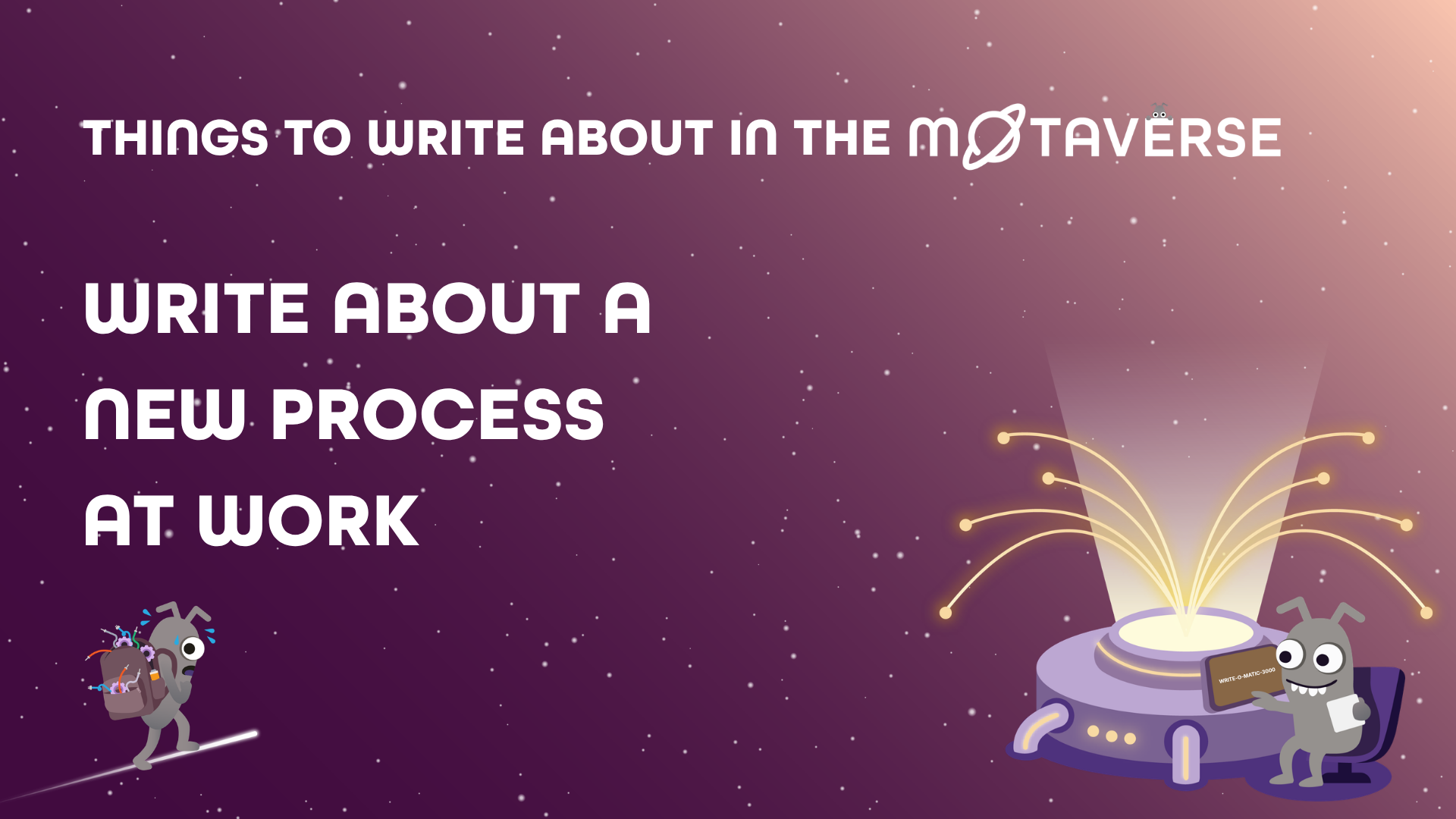 An instructional graphic set against a starry, purple space background. At the top, white text reads, "THINGS TO WRIT... image