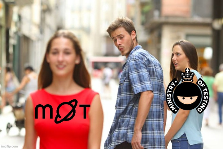 A man looks back at a woman in a red dress showing the new Ministry of Testing logo, walking past him while he is holding hands with another woman wearing a t-shirt with the old Ministry of Testing logo.