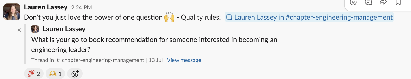 A screenshot of a message sent in slack. The message says "Don't you just love the power of one question :raised_hand... image