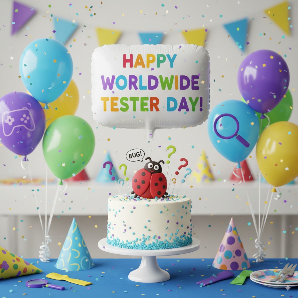Festive illustration celebrating World Testers’ Day — a cheerful cake decorated with binary-style patterns and a tiny cartoon bug on top, symbolizing testers squashing bugs while celebrating.
