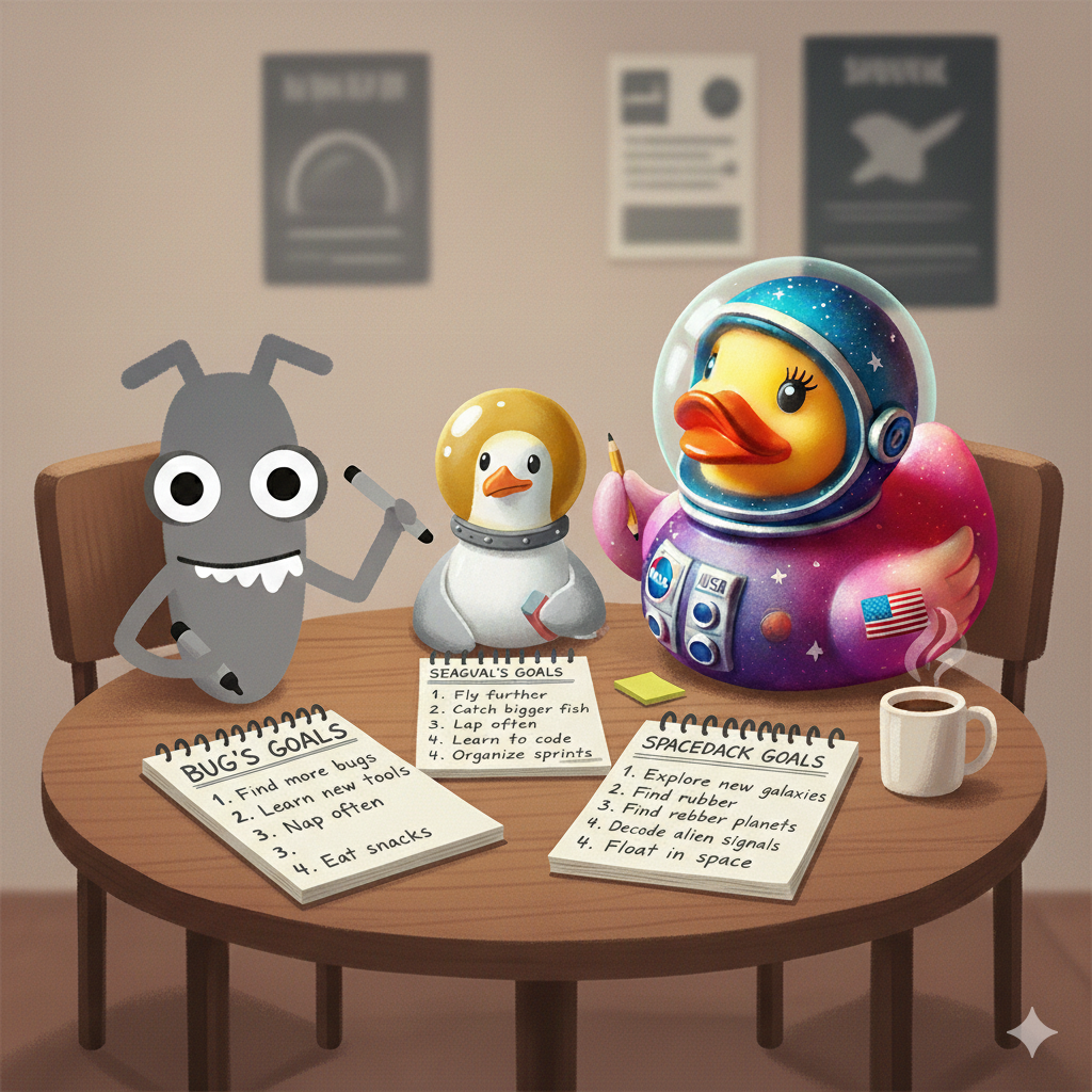 "Bug, Spaceduck, and Seagull, the Ministry of Testing mascots, are sitting around a wooden table. Each has their own personal notepad with a handwritten list of 2026 goals. Bug, a grey, cartoonish bug with large eyes, holds a pen and smiles at his list which includes 'Find more bugs' and 'Eat snacks.' Seagull, a white bird in a yellow astronaut helmet, looks at her list with goals like 'Fly further' and 'Catch bigger fish.' Spaceduck, a rubber duck wearing a colorful astronaut suit, holds a pencil and looks at her list which features 'Explore new galaxies' and 'Float in space.' There are pens, sticky notes, and a mug of coffee on the table. In the blurred background, there are posters on a wall."