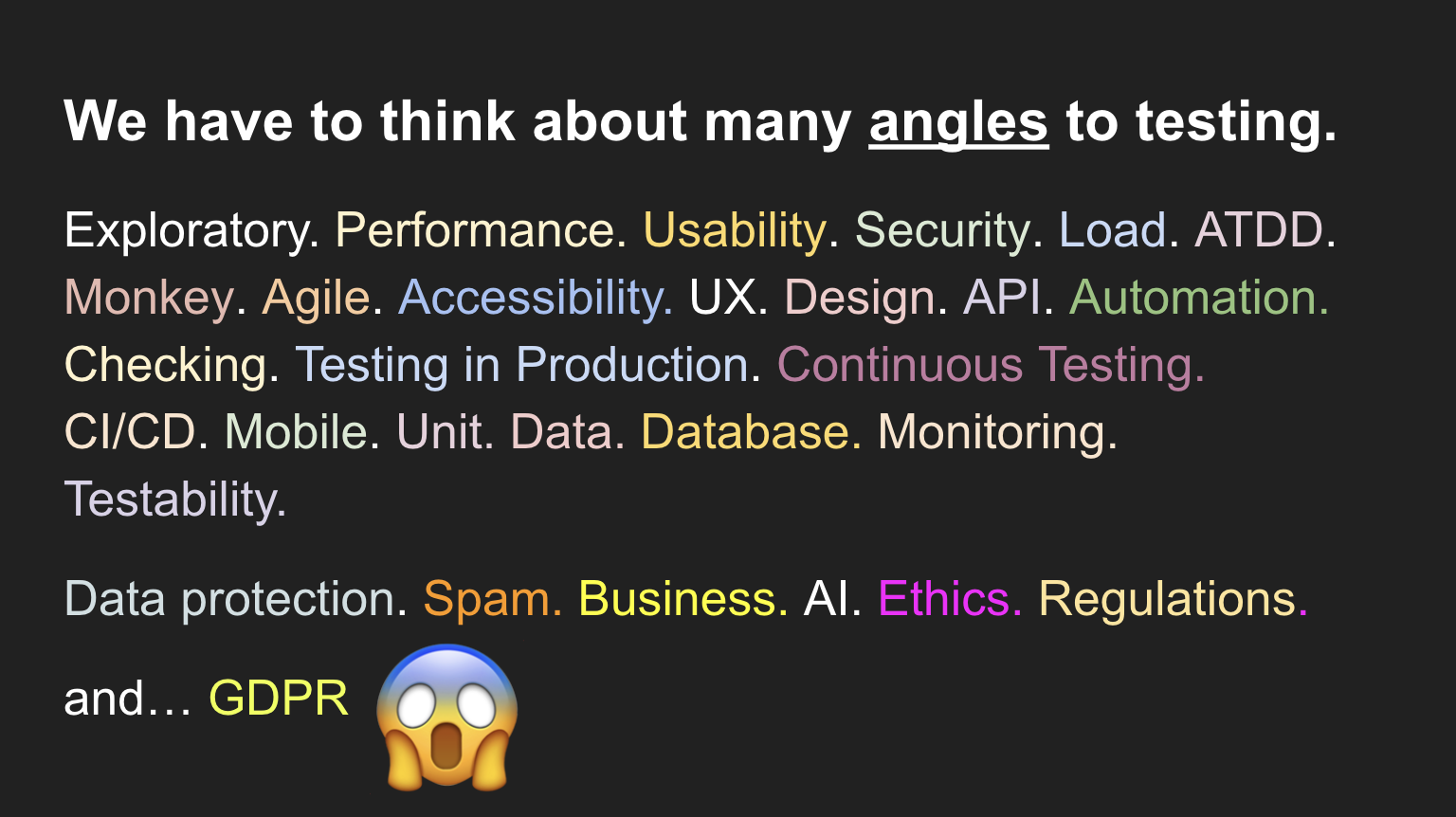 Exploratory. Performance. Usability. Security. Load. ATDD. Monkey. Agile. Accessibility. UX. Design. API. Automation. Checking. Testing in Production. Continuous Testing. CI/CD. Mobile. Unit. Data. Database. Monitoring. Testability. Data protection. Spam. Business. AI. Ethics. Regulations. and… GDPR