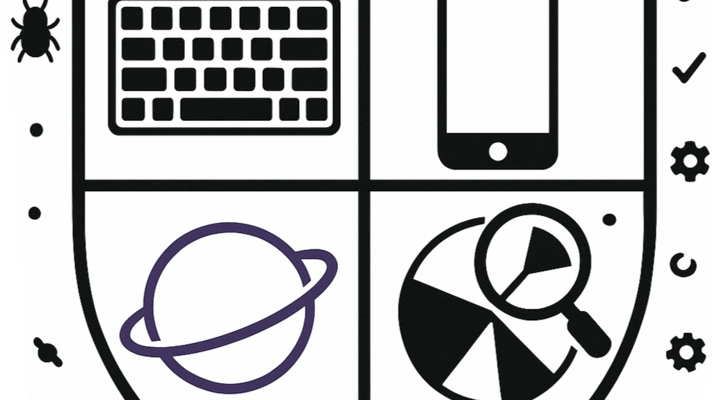 A shield with bugs and cogs around the outside. The shield is split into four areas showing a keyboard, a mobile phon... image