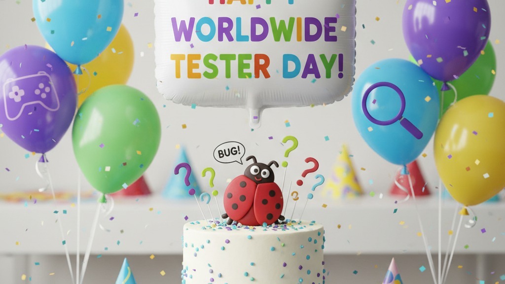 Festive illustration celebrating World Testers’ Day — a cheerful cake decorated with binary-style patterns and a tiny cartoon bug on top, symbolizing testers squashing bugs while celebrating.
