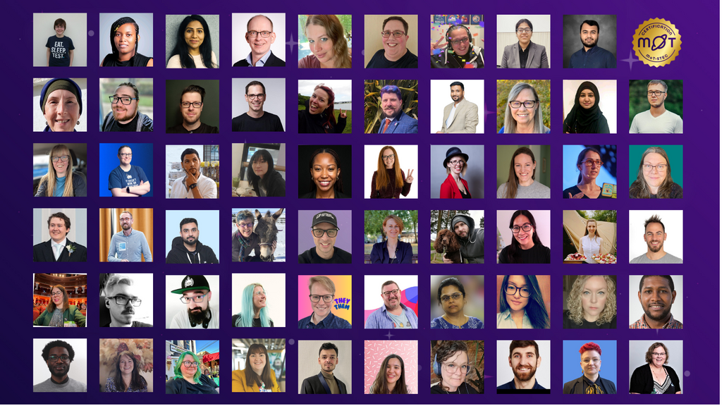 A large grid of headshots, with each person's photo displayed in a separate square. All the photos are on a gradient purple and blue background. The people in the photos are smiling and looking at the camera. In the top right corner is a circular logo with a text reading 'CERTIFICATION MOT' and a star symbol in the middle