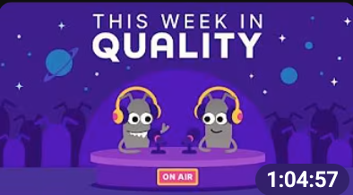 Two cartoon microphones with smiling faces wear yellow headphones while sitting behind a podcast desk with two tablet... image