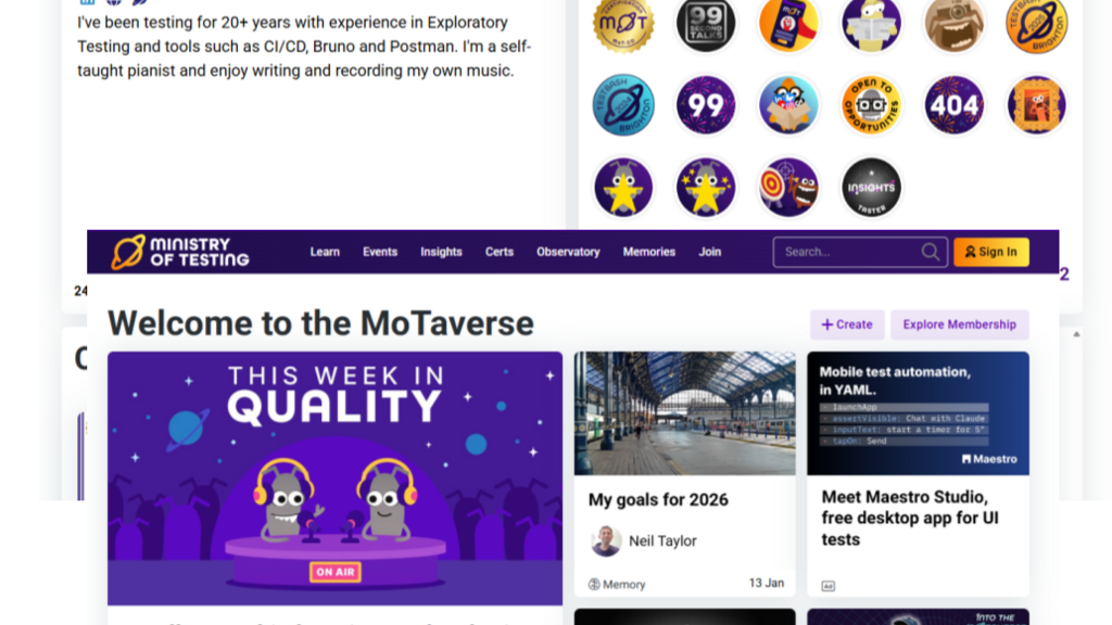 There are two screenshots of the Ministry of Testing website.
The top screenshot on one side shows a picture of a Wh... image