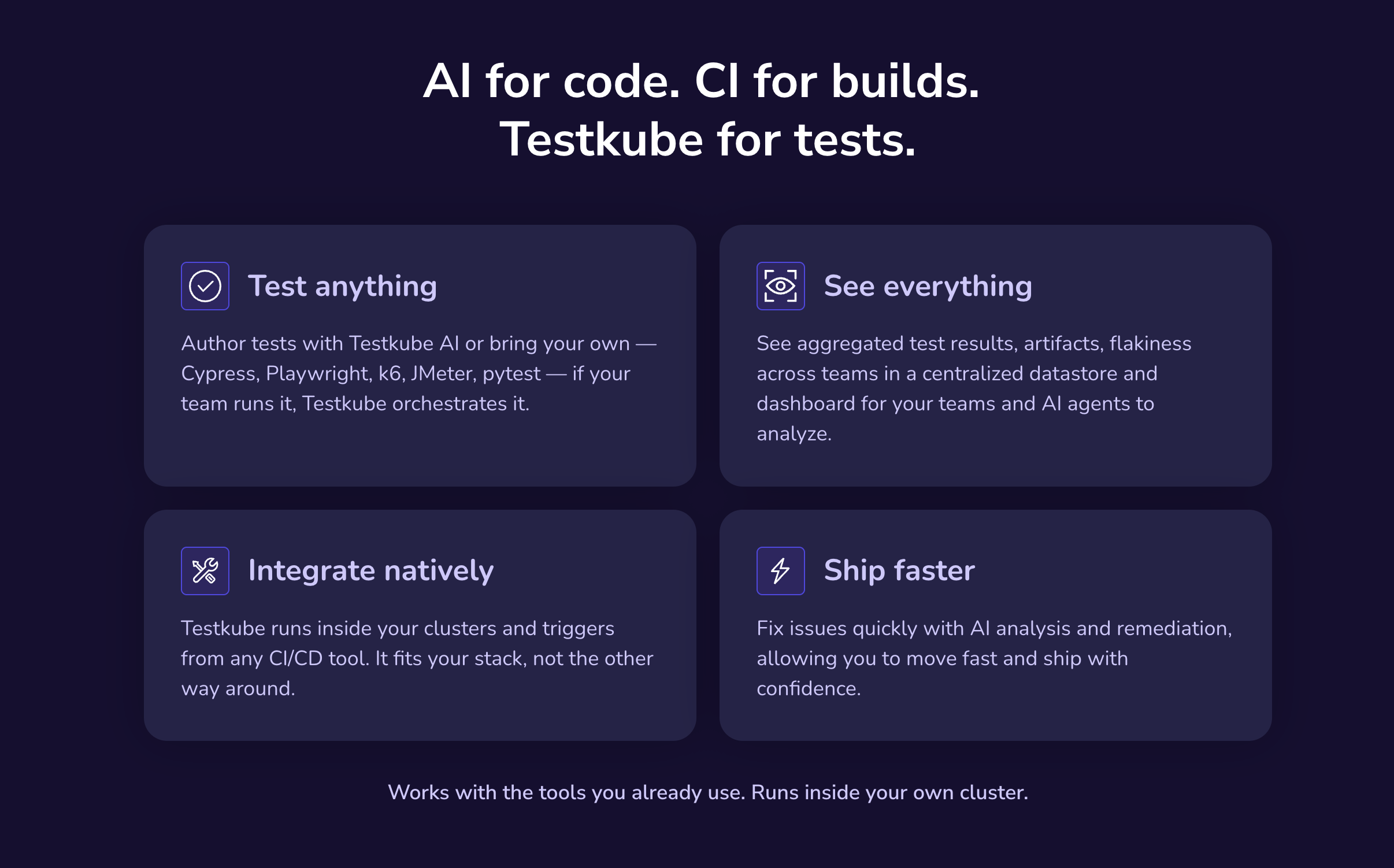 AI for code. CI for builds.Testkube for tests. image