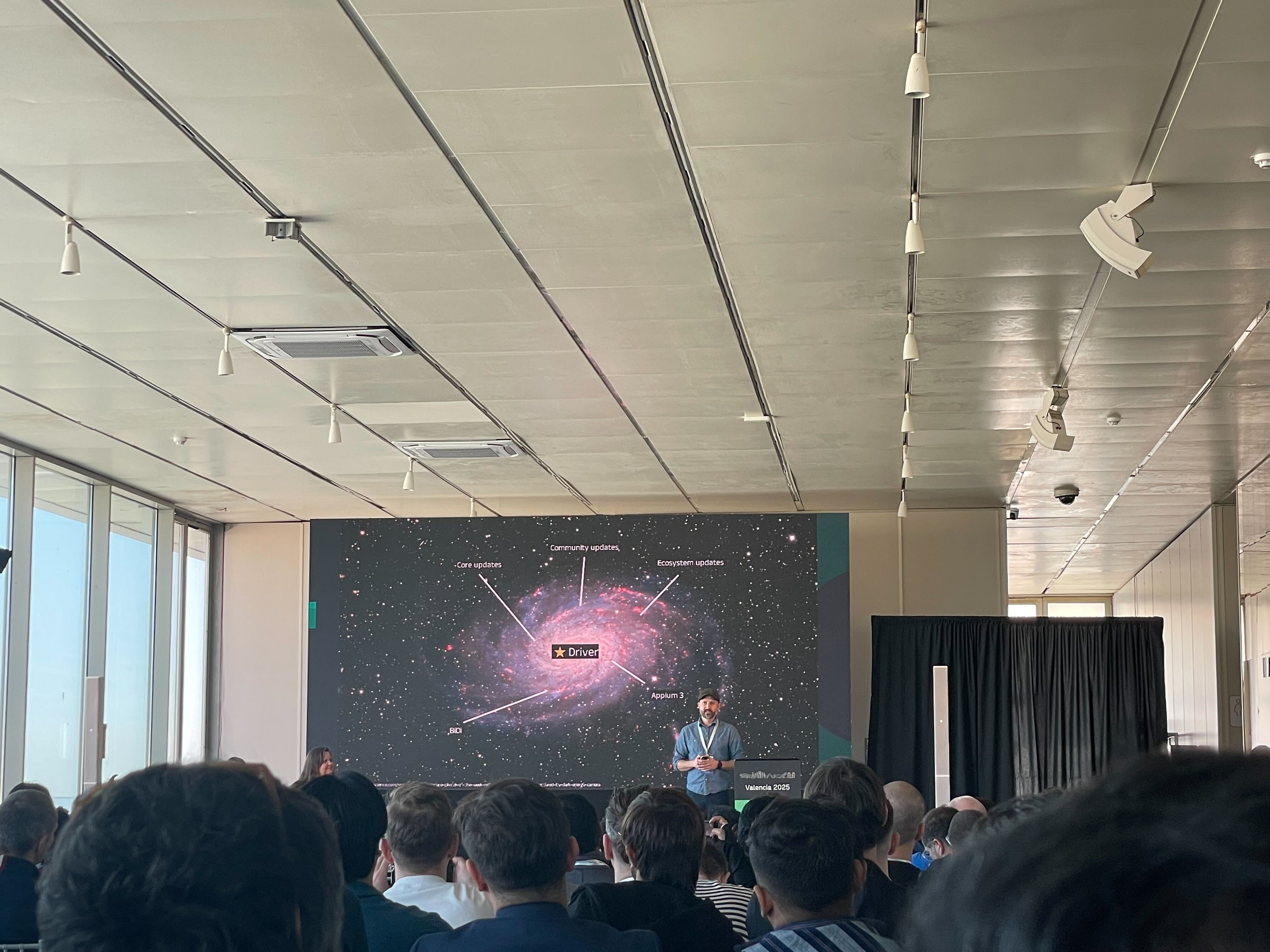 A space and galaxy image of the Driver ecosystem, it mentions: Core updates, community updates, ecosystem updates, BiDi, Appium 3.