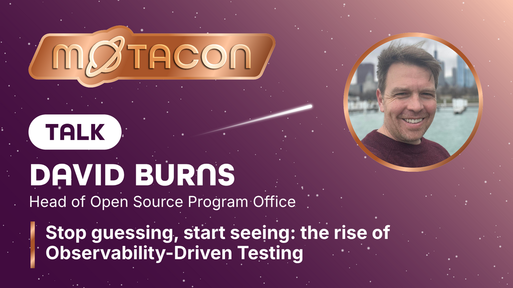 A promotional graphics for a MoTaCon Talk titled "Stop guessing, start seeing: the rise of Observability-Driven Testi... image