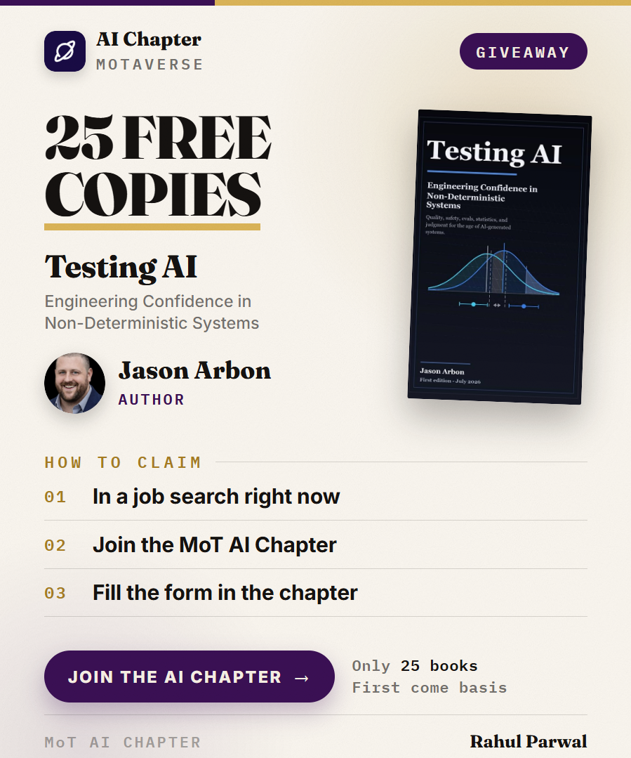 Jason Arbon is giving 25 copies of his new book to testers who are currently job searching through our MoTaverse AI C... image
