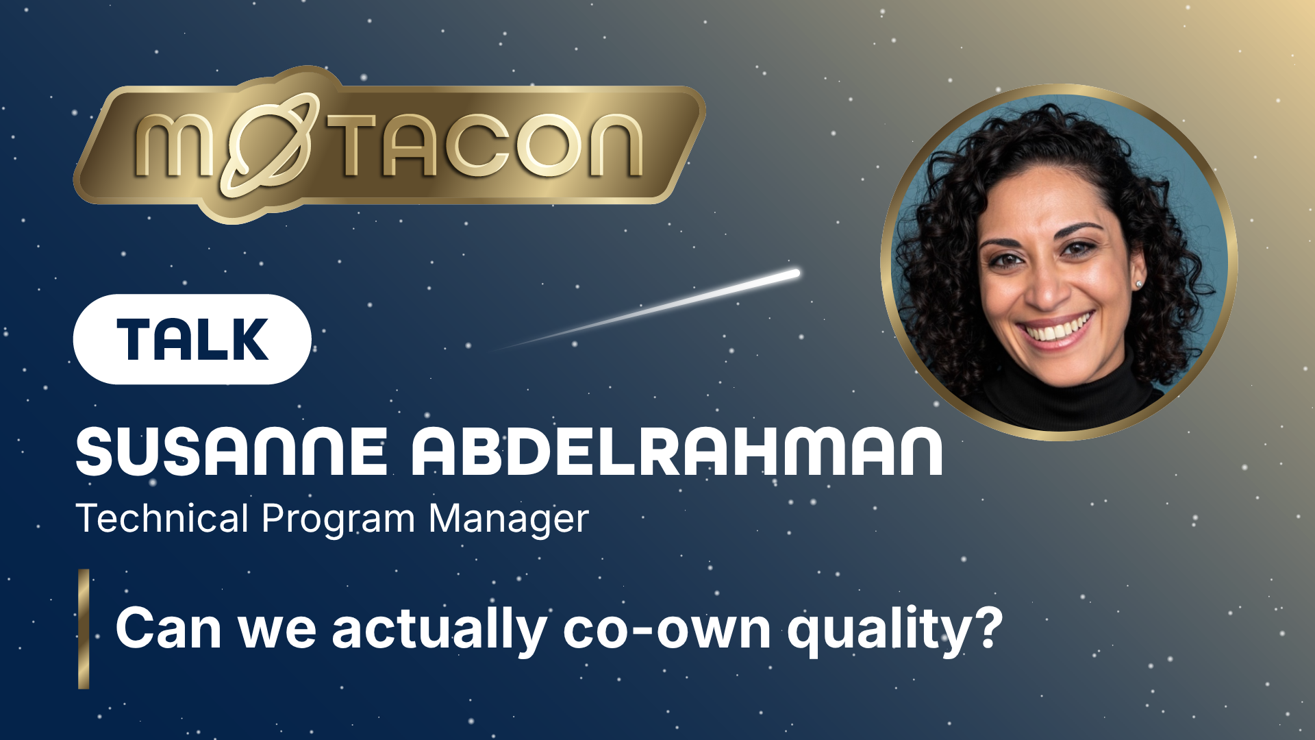 A promotional graphic for a talk at MoTaCon. The background is a dark blue starry sky with a gold gradient in the upp... image