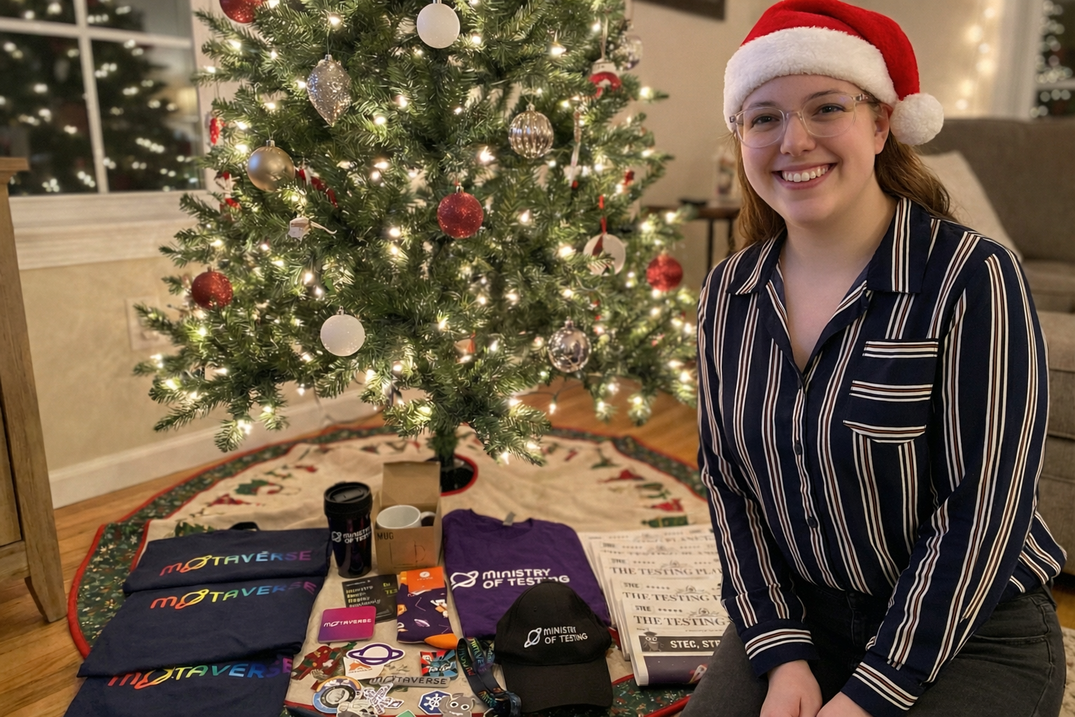 A ChatGPT created picture of Emily O’Connor, a woman in a navy striped shirt, clear glasses and a Christmas hat, sits next to an indoor Christmas tree. Under the tree there is a collection of swag from MoTaCon 2026 including totes, a tshirt, mug and coffee cup, a handful of copies of the Testing Planet newspaper, and a collection of stickers.