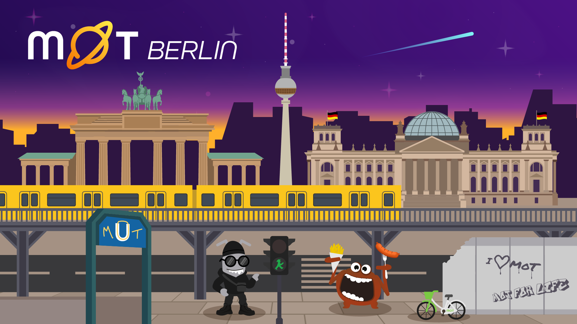 Promotional illustration for MoT Berlin. Against a purple-orange night sky, Berlin landmarks — Brandenburg Gate, the ... image