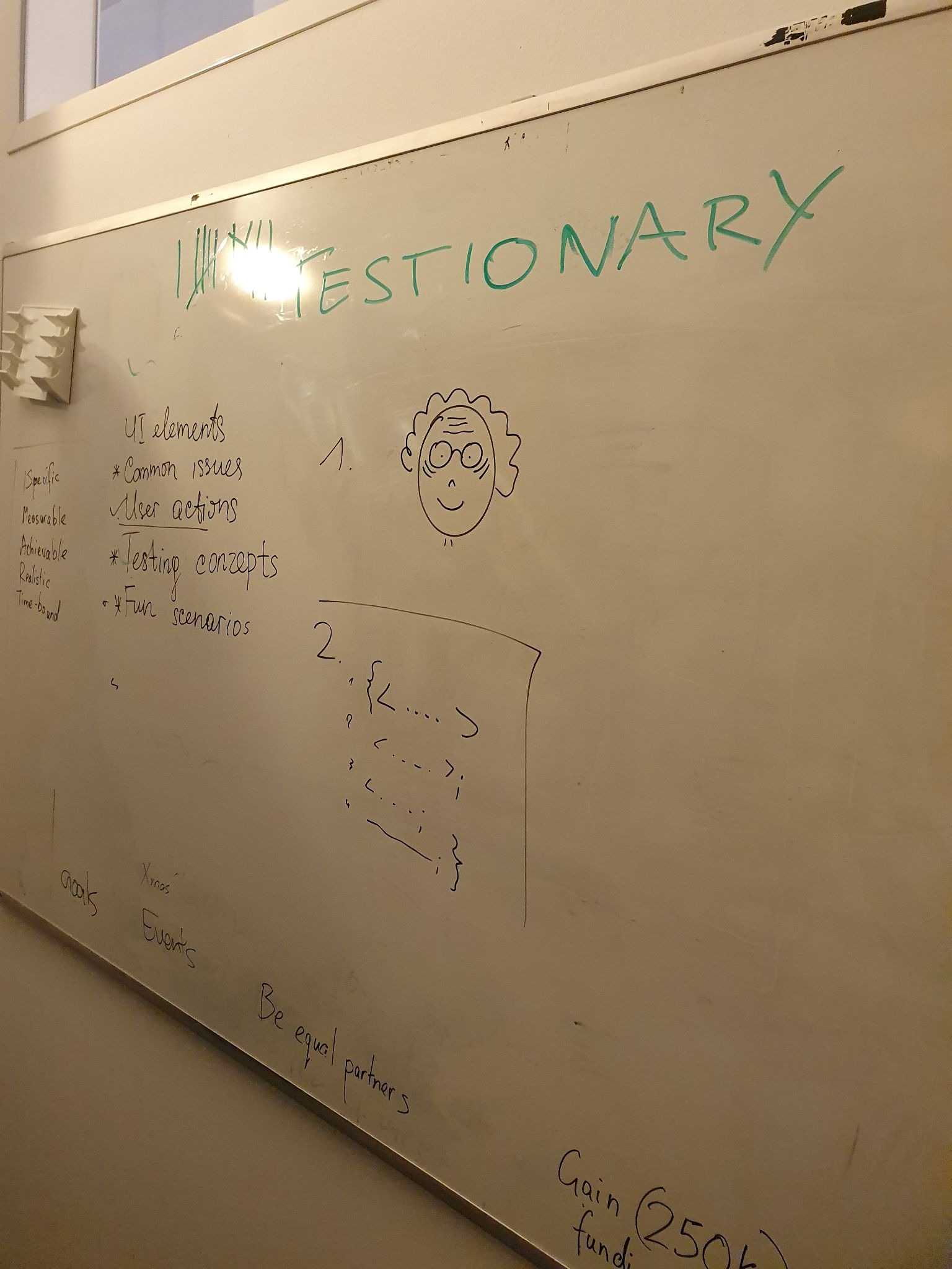 Whiteboard drawing for the word Legacy Code showing a person with curly hair and glasses next to coding symbols with dots and brackets. The word TESTIONARY is written in green at the top with category lists on the left side.