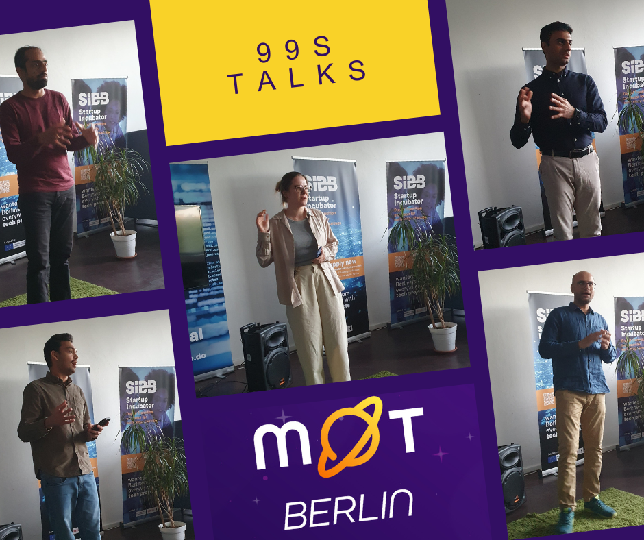A collage featuring five individual speakers presenting at the MoT Berlin meetup during the 99-Second Talks. Each speaker stands near banners in a casual setting. The center and bottom of the collage feature bold text: "99S TALKS" and "MoT Berlin" with a stylized planet logo.