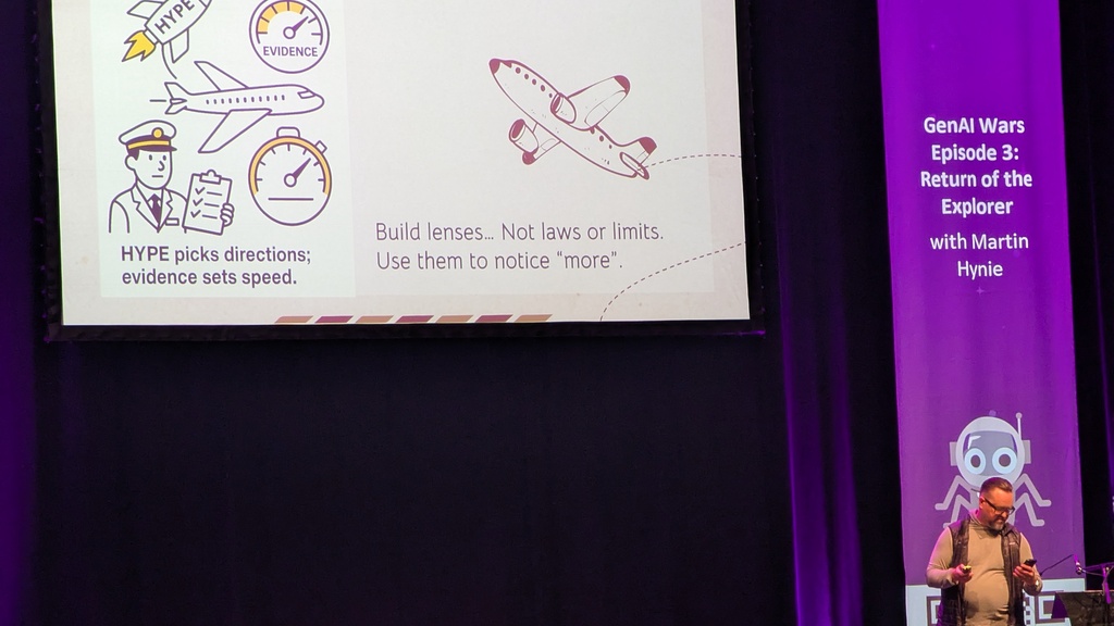 Martin Hynie on stage at test bash 2025 with a slide about FOMO driven ai adoption.