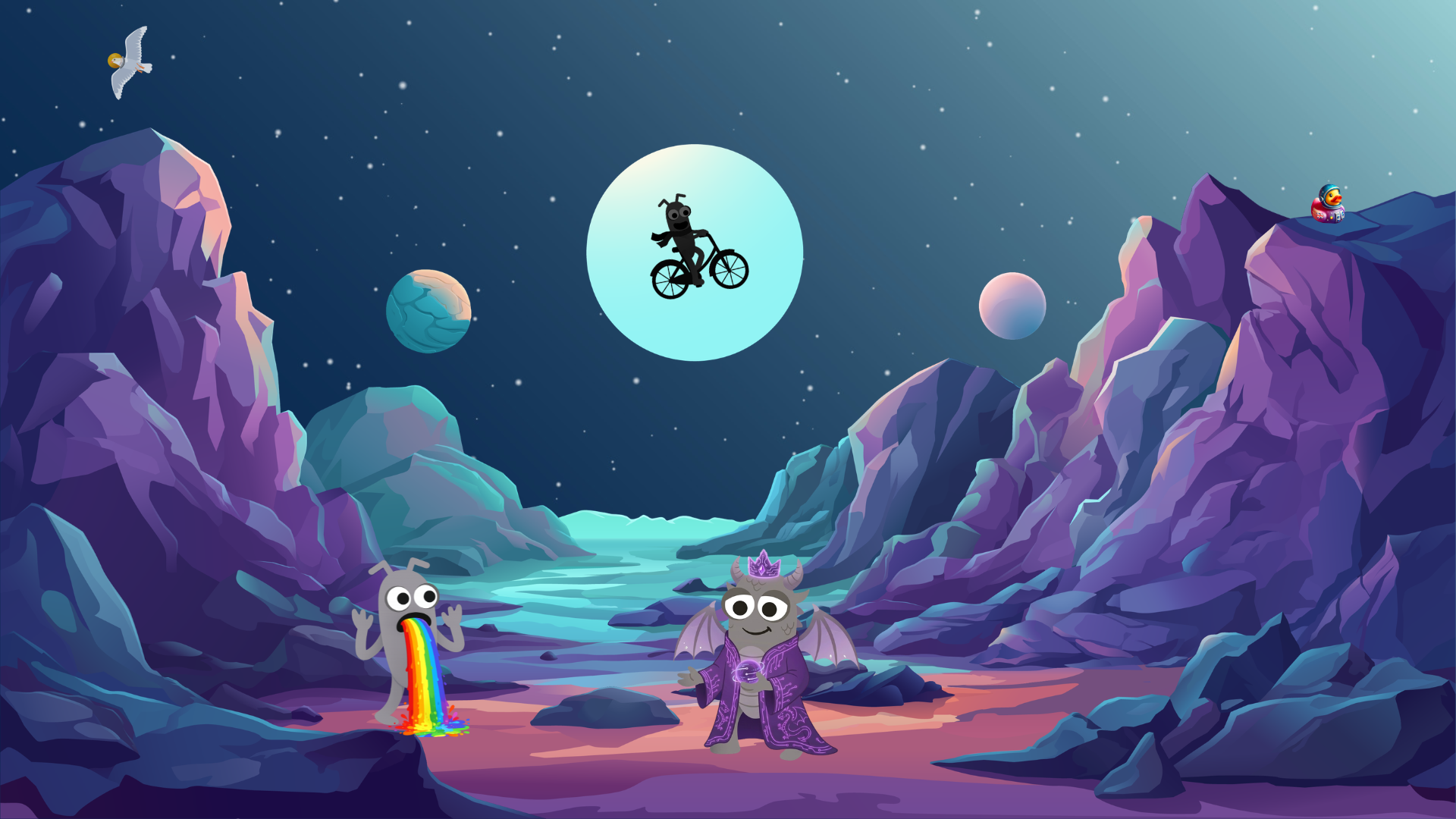 A space scenery with rainbow vomit Bug. Mother Bug. Cycling Bug in the moon. There is Space Seagull and Space Duck th... image