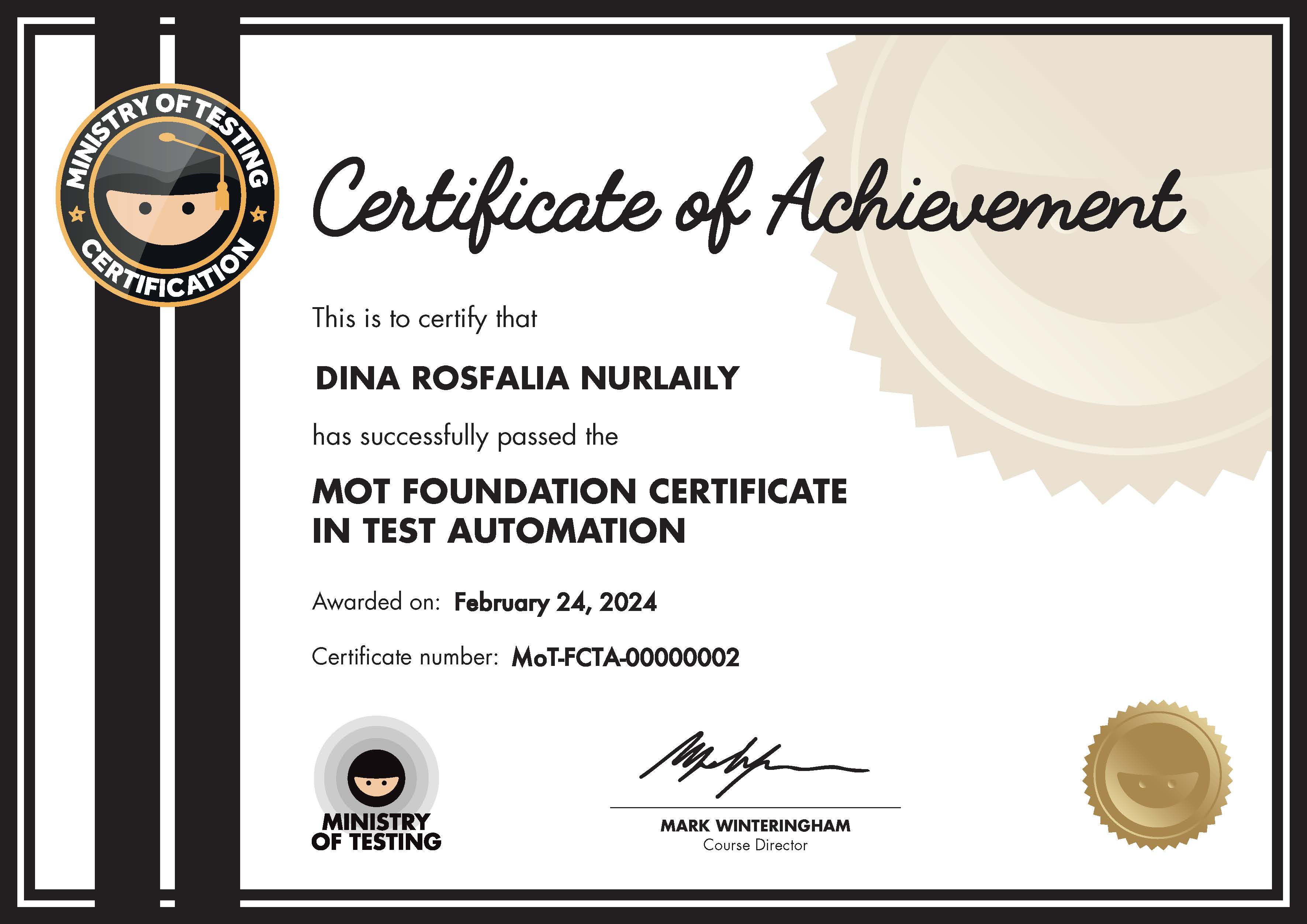 MoT Foundation Certificate in Test Automation certificate awarded to Dina Rosfalia Nurlaily image
