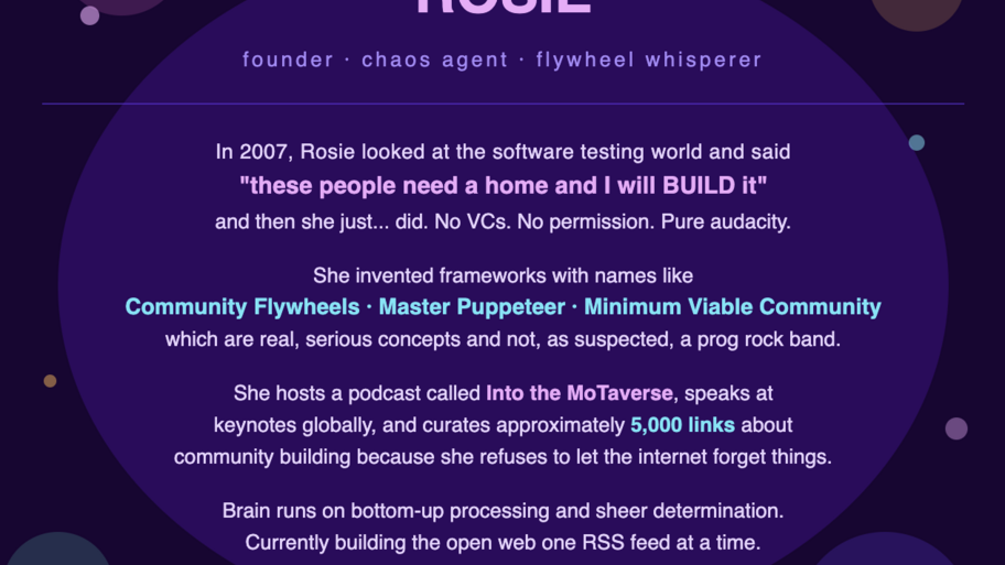 Rosie's unhinged LLM bio — Brighton's most dangerous community architect (!) image