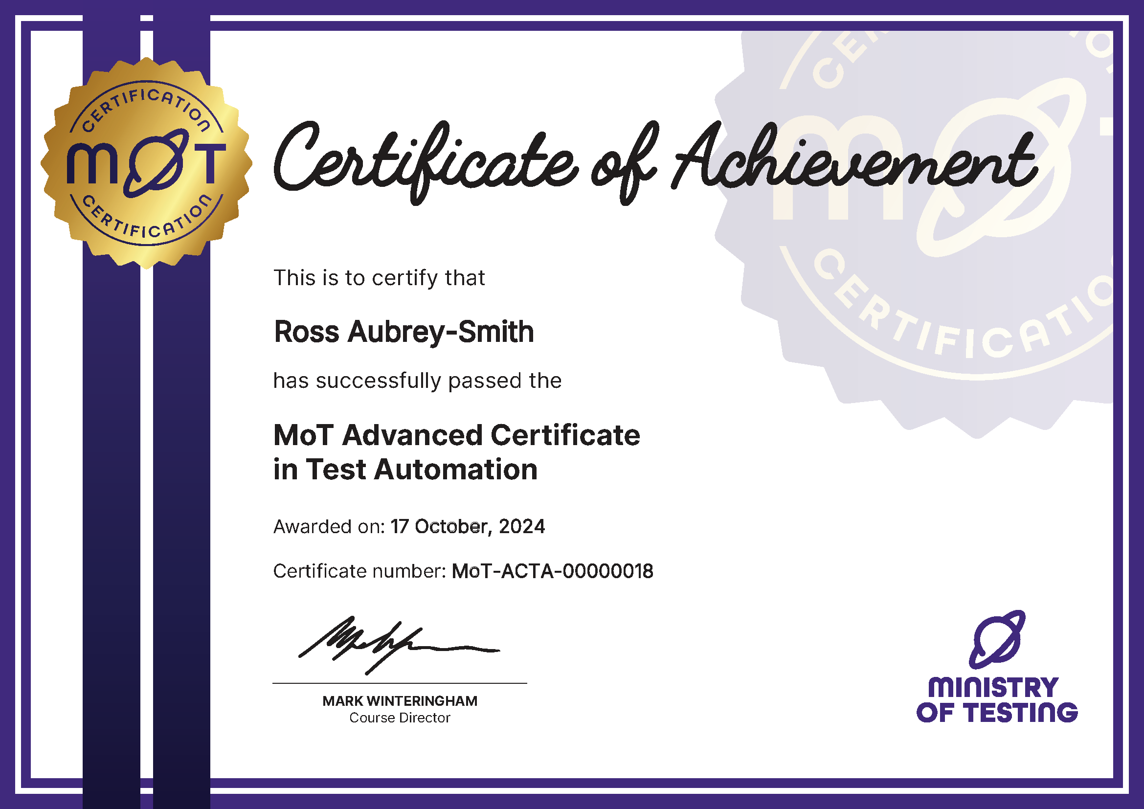 MoT Advanced Certificate in Test Automation certificate awarded to Ross Aubrey-Smith