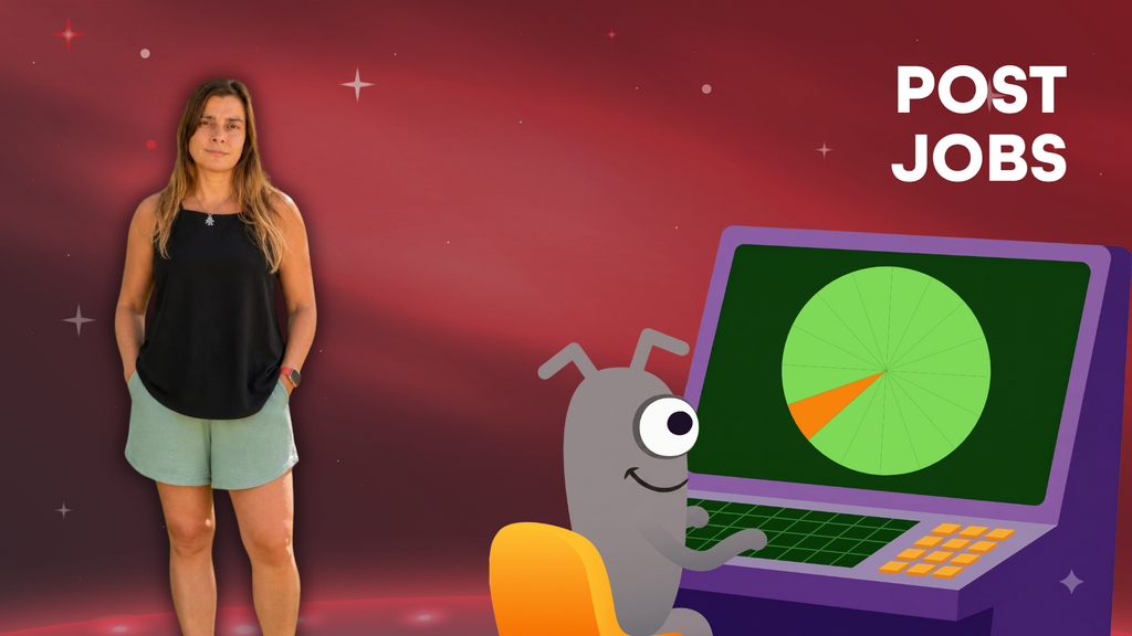 A woman wearing a black tank top and light green shorts stands on the left of the text "POST JOBS" against a deep red... image