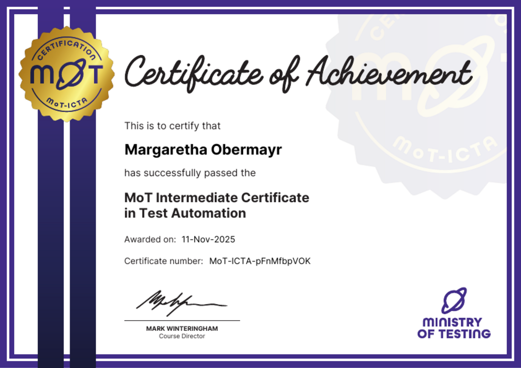 MoT Intermediate Certificate in Test Automation certificate awarded to Margaretha Obermayr image
