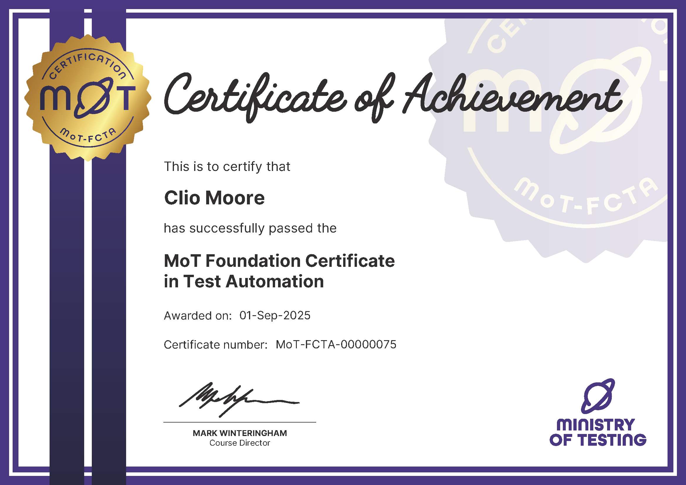 MoT Foundation Certificate in Test Automation certificate awarded to Clio