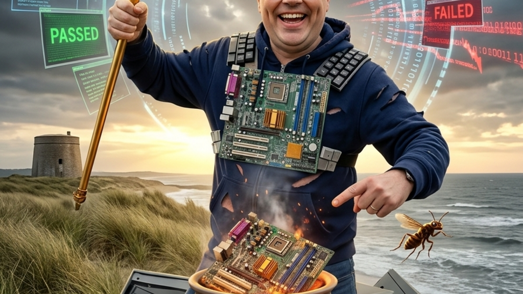 AI generated image of Gary Hawkes in the theme of a QA Warlord, holding a staff with a lit bug on the top, wearing a ... image