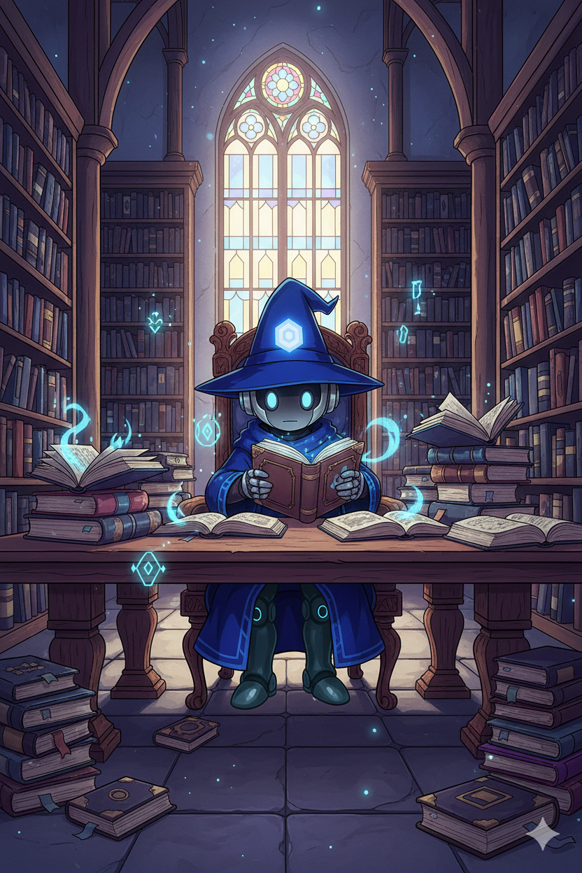 Wizzo, the small robo-mage mascot of Epic Test Quest, sits in a grand library surrounded by tall bookshelves and stacks of ancient books. Glowing runes and blue magical symbols float around as Wizzo reads intently under the warm light of a stained-glass window, blending technology and wizardry in a calm, enchanted study scene.