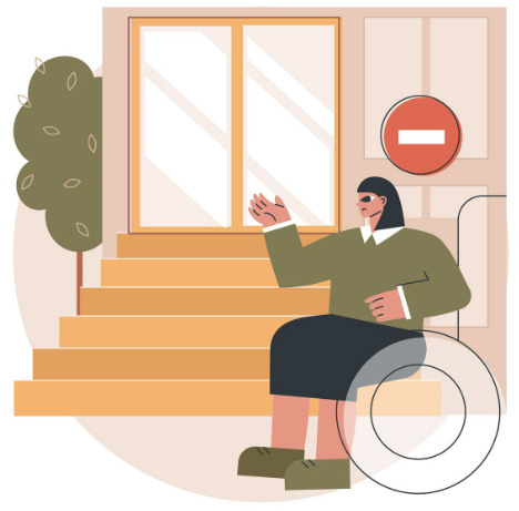 Clip art of a person in a wheelchair who cannot enter a building because the entrance has stairs  image