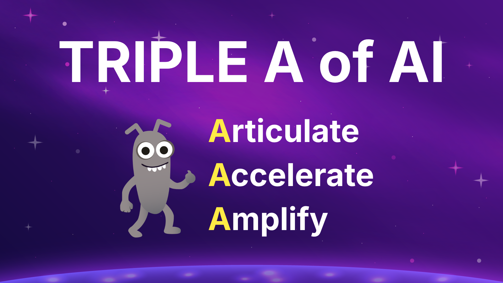 A purple starry background displaying the text "TRIPLE A of AI" at the top. Below, a friendly grey cartoon bug called... image