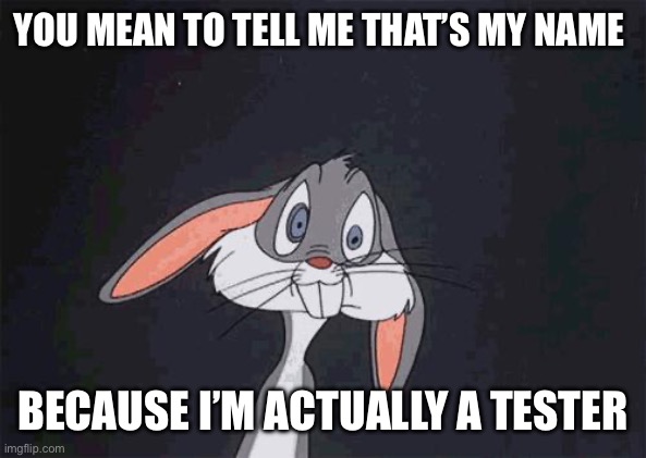 A meme picture of a confused Bugs Bunny – a famous grey cartoon bunny character. Text: you mean to tell me that's my name because I'm actually a tester.
