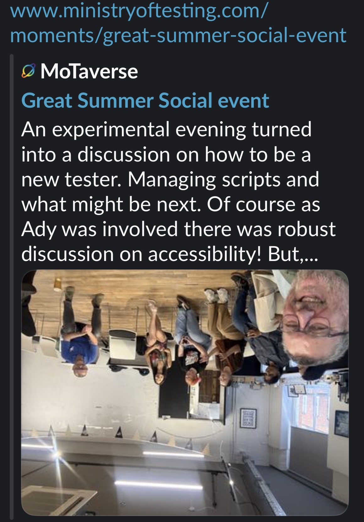 Link to a moment on the ministry of testing website in slack shows a preview. The image is upside down  image