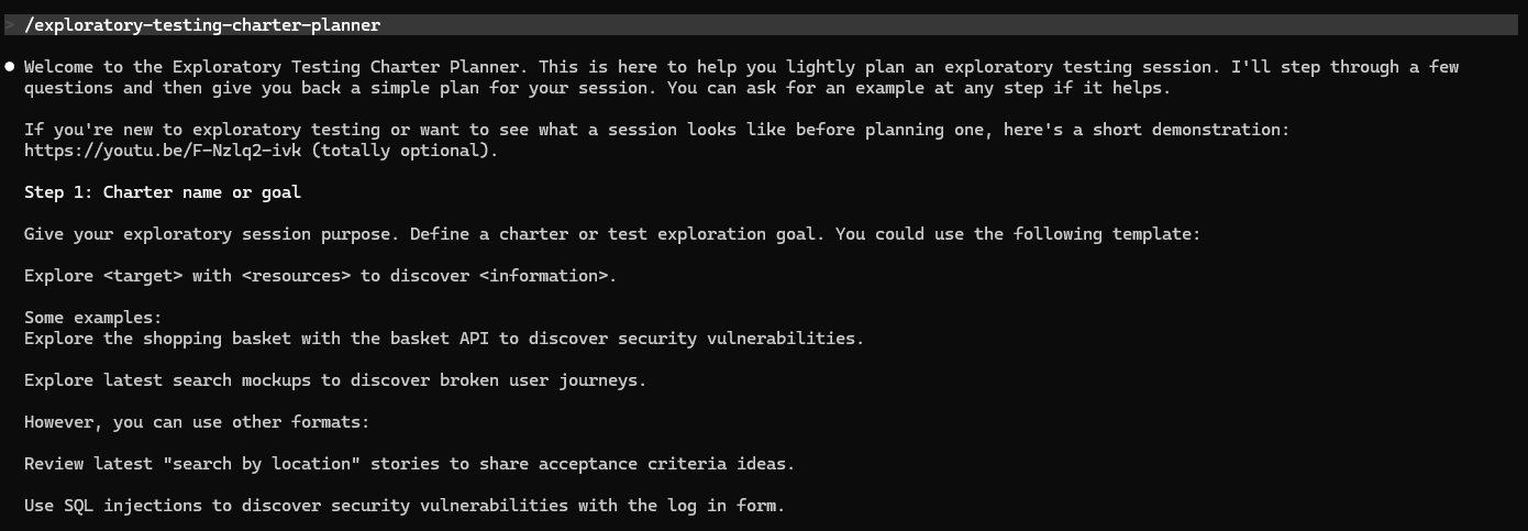 Screenshot of a terminal running a Claude exploratory session with the exploratory- testing-charter-planner skill. Th... image