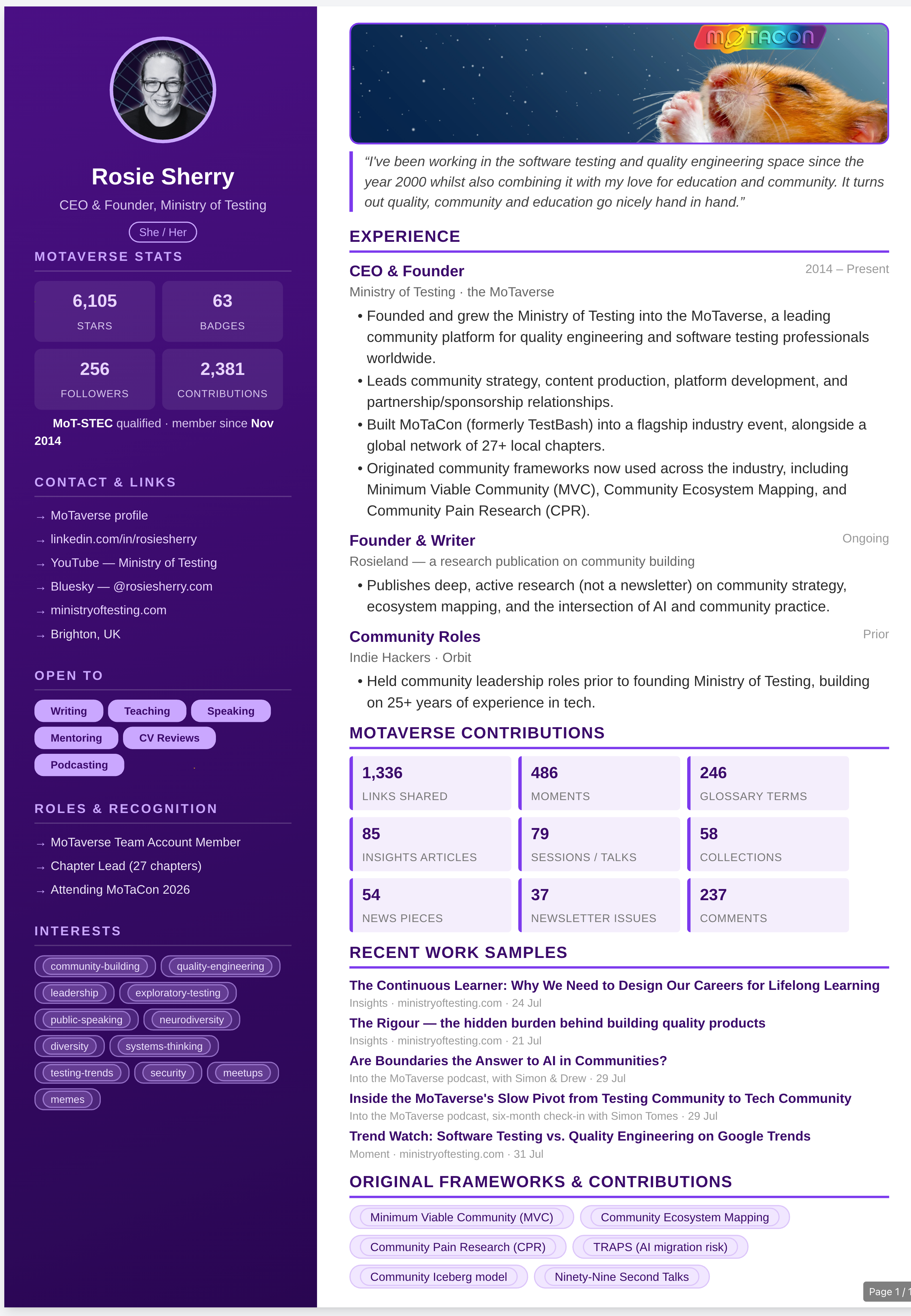 A cv generated from Rosie's MoTaverse Profile. image