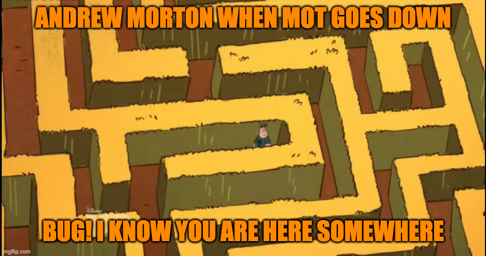 A man stands in the middle of a corn maze looking lost. Text above says, Andrew Morton when MoT goes down. Text below says, Bug! I know you are here somewhere