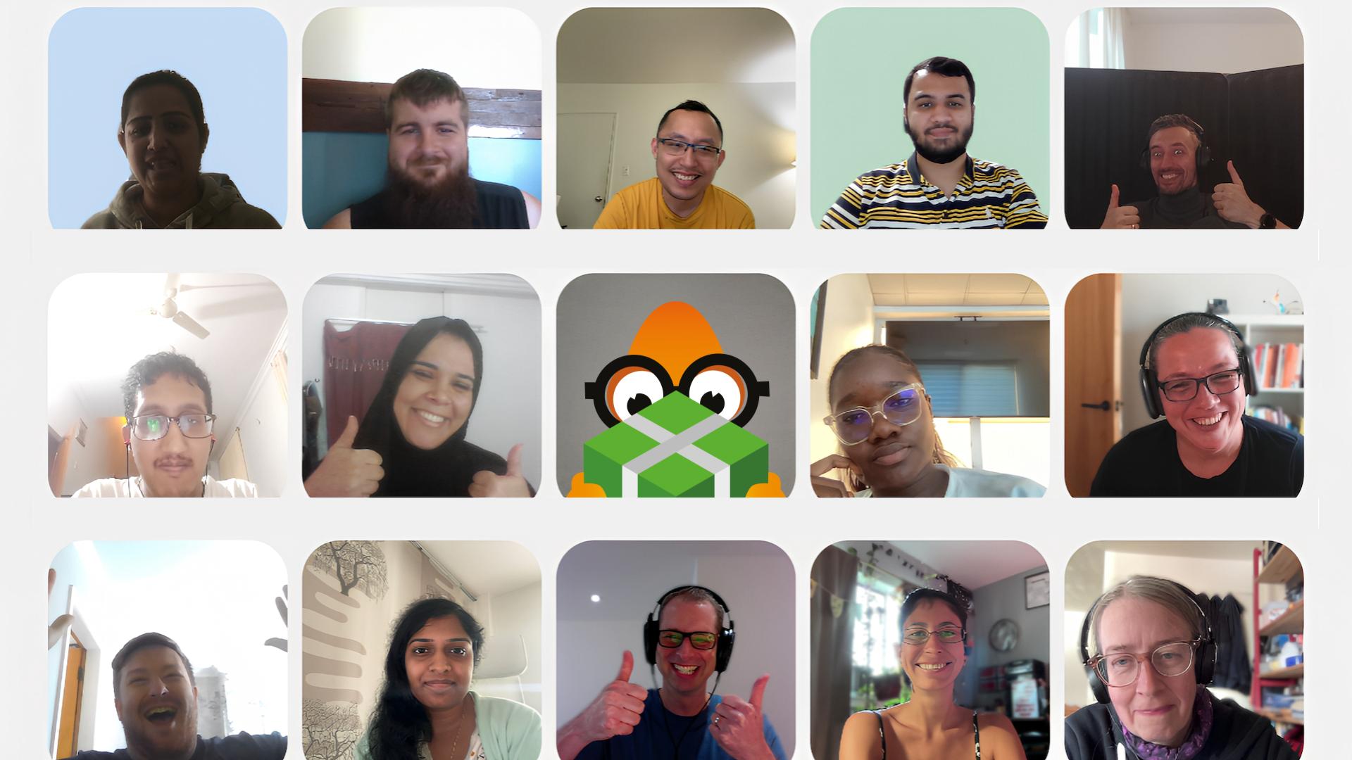 A 5x3 grid of smiling faces on a workshop call. There is a monster character in the middle. 